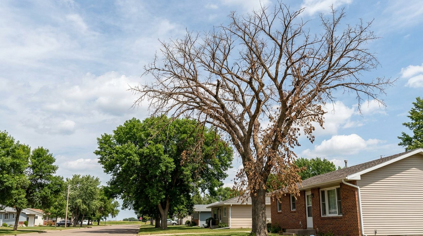 Dutch elm disease infected American elm tree in Minot North Dakota Ward County residential neighborhood DED dead canopy removal
