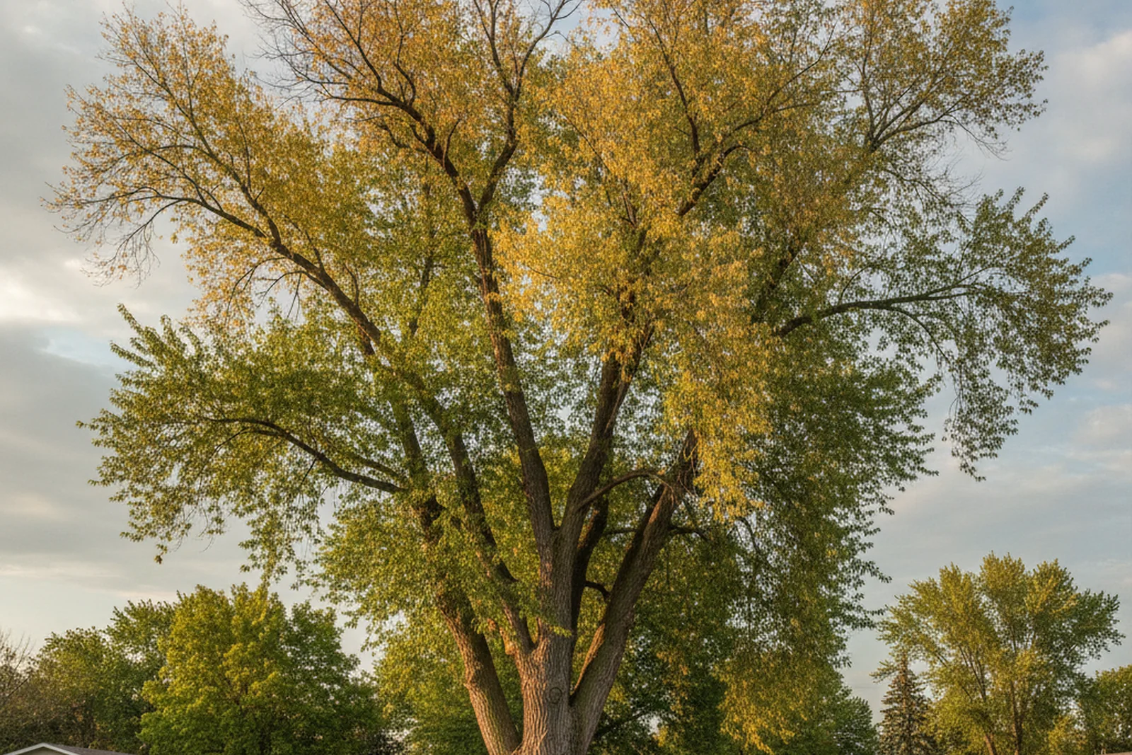 Dutch elm disease infected American elm tree Minot North Dakota Ward County DED flag wilt yellowing canopy residential