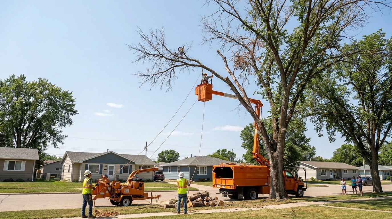 Professional elm tree removal crew in Minot North Dakota Ward County Dutch elm disease bucket truck controlled removal