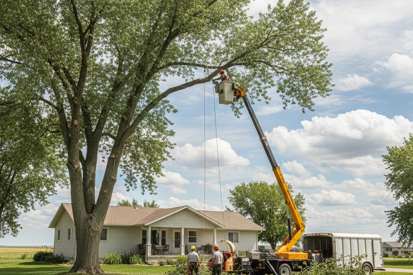 Elm tree removal crew bucket truck Minot North Dakota Ward County residential controlled removal Great Plains