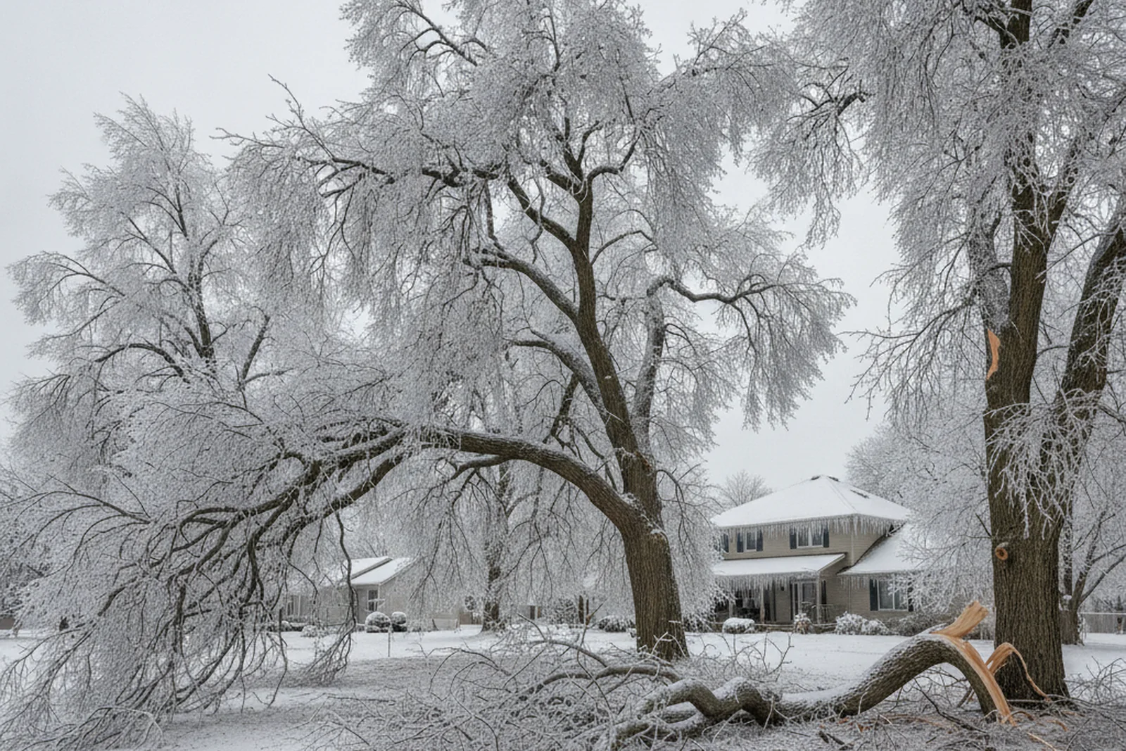 Ice storm tree damage Minot North Dakota Ward County elm cottonwood branches heavy ice loading winter hazard