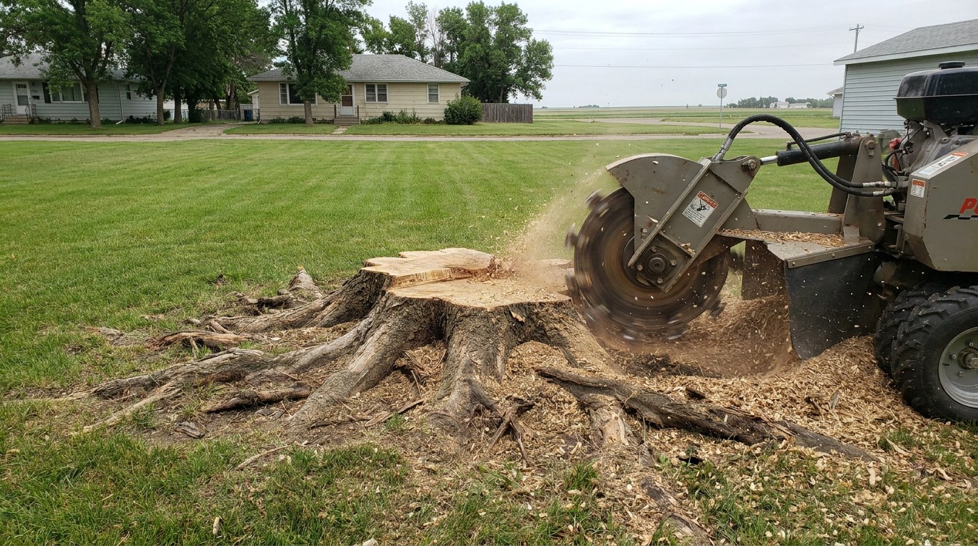 Stump grinding elm tree in Minot North Dakota Ward County Dutch elm disease root removal residential