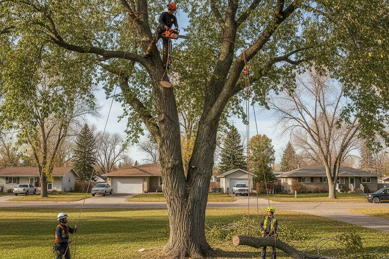 Tree trimming crown reduction ice loading Minot North Dakota Ward County elm residential pre-winter Scott